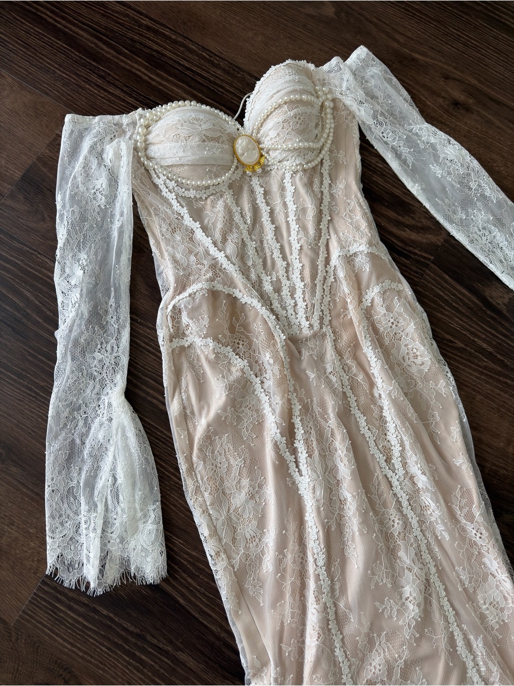 Lacemade Off-Shoulder Long Sleeve Bustier Slip Dress - White/Cream